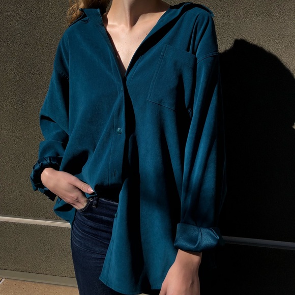 suede turquoise silk interior button down blouse - Picture 2 of 4